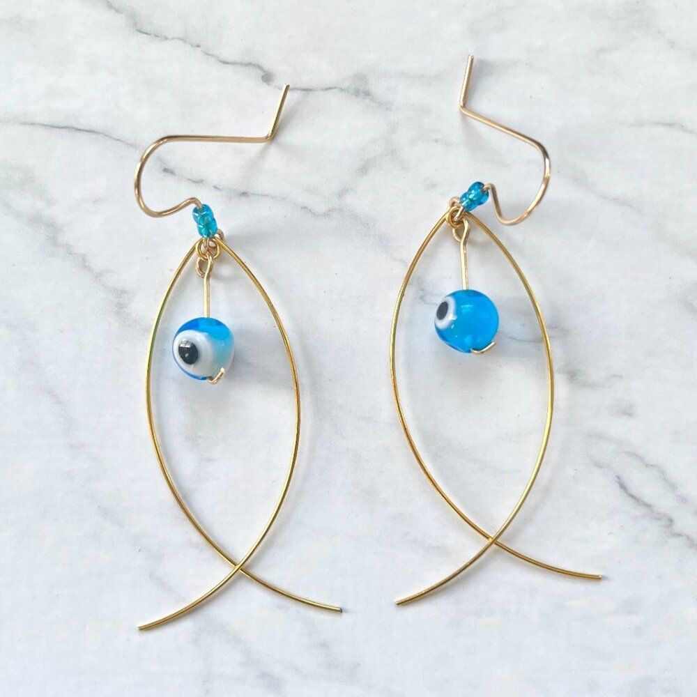 Gold Fish Earrings with Light Blue Evil Eye Worry Bead